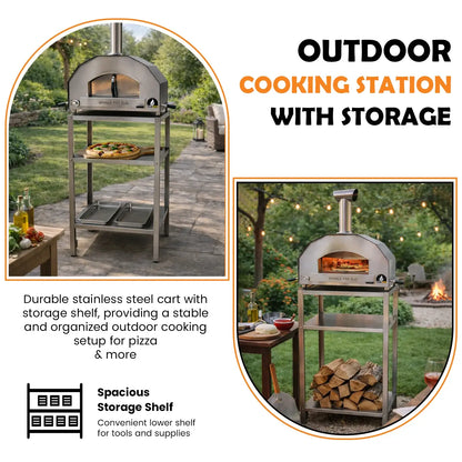 ItaliaForno Grande Pro Duo cart with two stainless shelves holding a pizza, pans and split wood in an outdoor cooking station