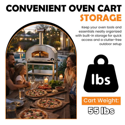 ItaliaForno Grande Pro Duo cart weight card, 55 lb, with a family eating pizza beside the oven on its cart