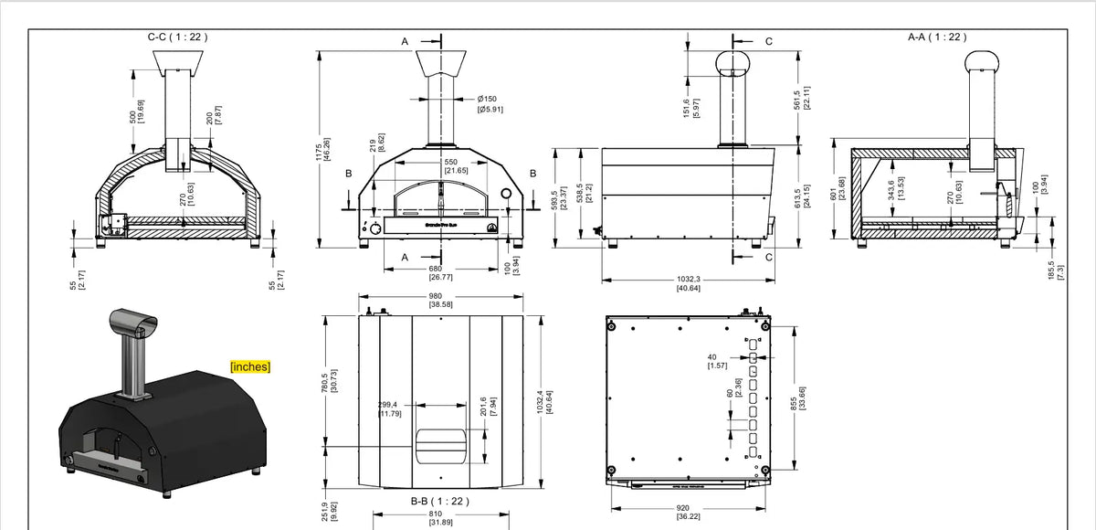 Dimension drawing of the ItaliaForno Grande Pro Duo in millimeters and inches, front, side, top and section views