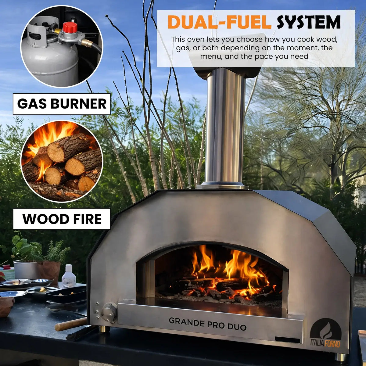 ItaliaForno Grande Pro Duo with a wood fire in the chamber, dual fuel gas burner and wood fire