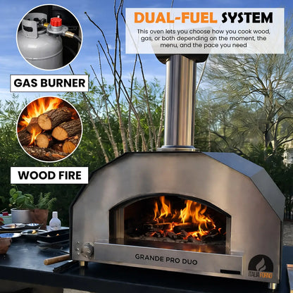 ItaliaForno Grande Pro Duo with a wood fire in the chamber, dual fuel gas burner and wood fire