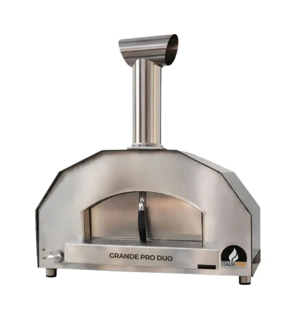 ItaliaForno Grande Pro Duo hybrid gas and wood pizza oven, stainless, front view on white
