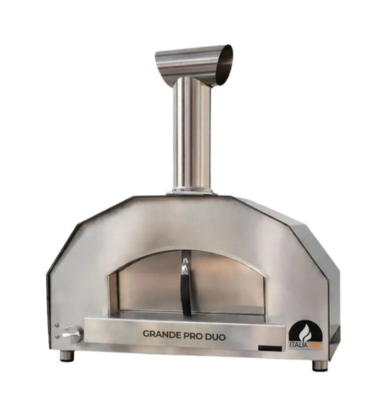 ItaliaForno Grande Pro Duo hybrid gas and wood pizza oven, stainless, front view on white
