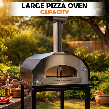 ItaliaForno Grande Pro Duo on a stand in a backyard, large pizza oven capacity
