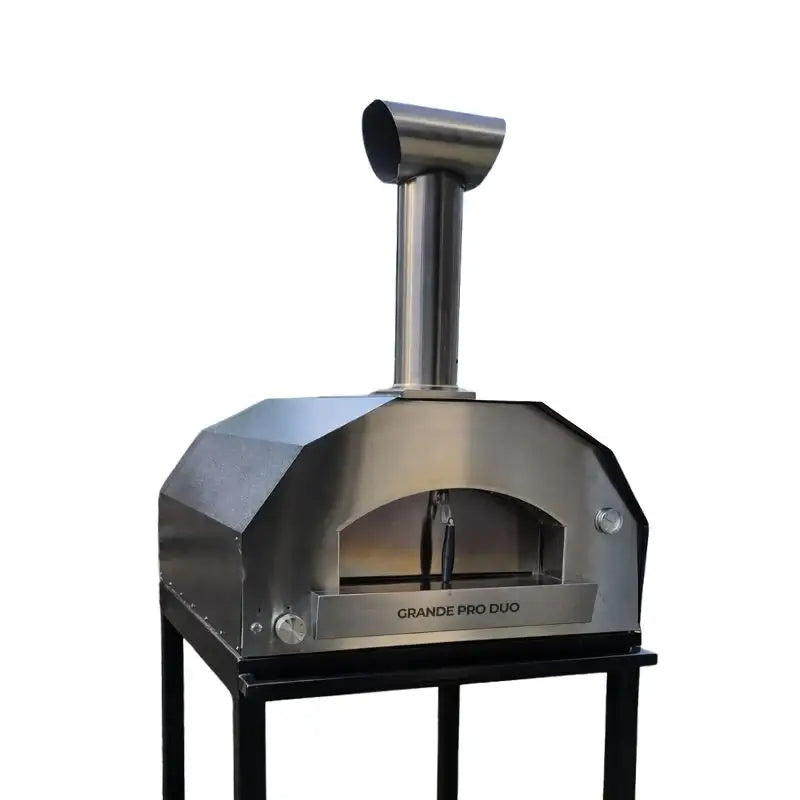 ItaliaForno Grande Pro Duo pizza oven on the black steel stand, angled view