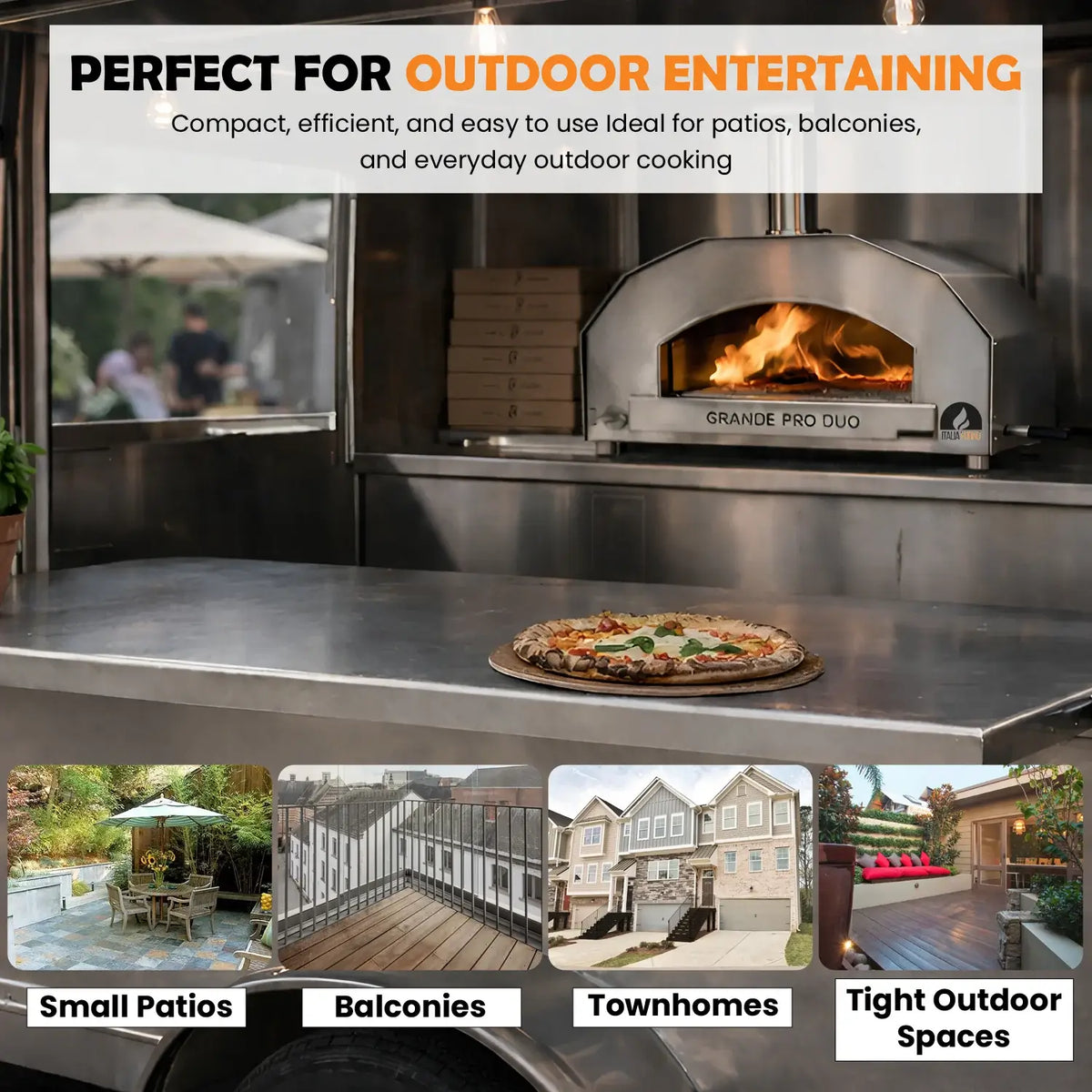 ItaliaForno Grande Pro Duo lit in a stainless outdoor kitchen with a pizza on the counter, for patios, balconies and small outdoor spaces