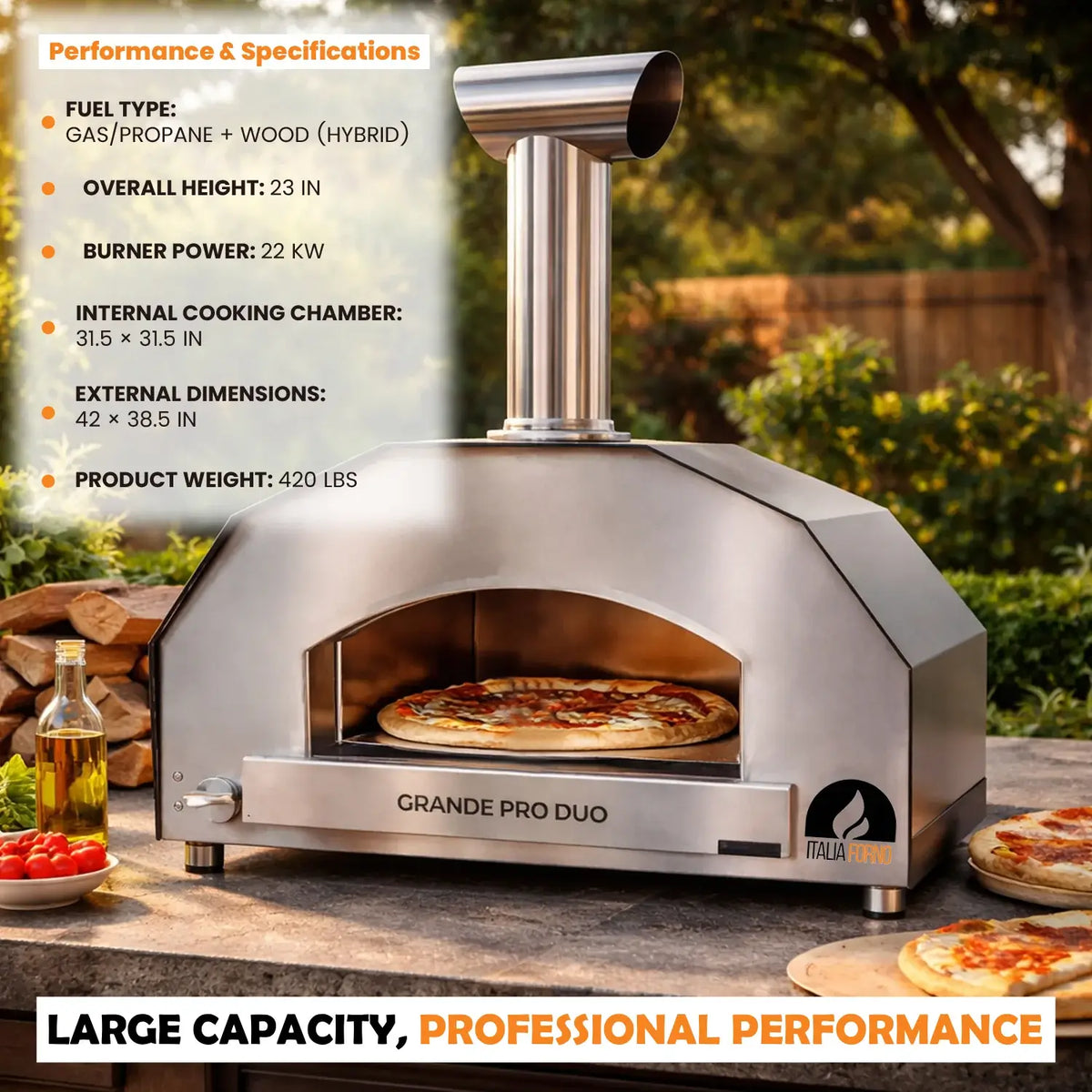 ItaliaForno Grande Pro Duo performance and specifications, 31.5 inch chamber, 22 kW burner, 420 lb