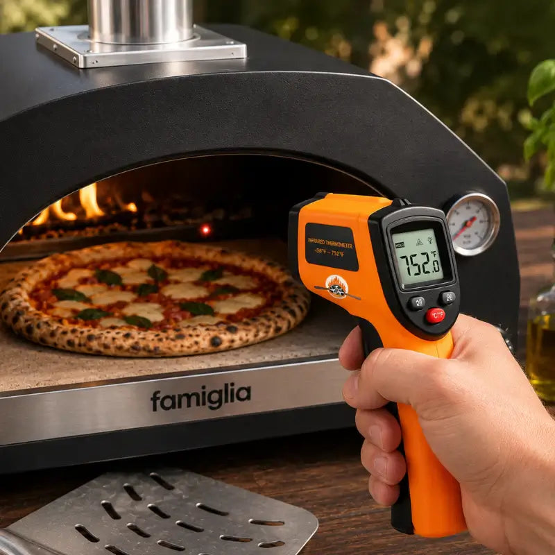 ItaliaForno infrared thermometer reading 752 degrees F on the floor of a Famiglia pizza oven with a pizza cooking