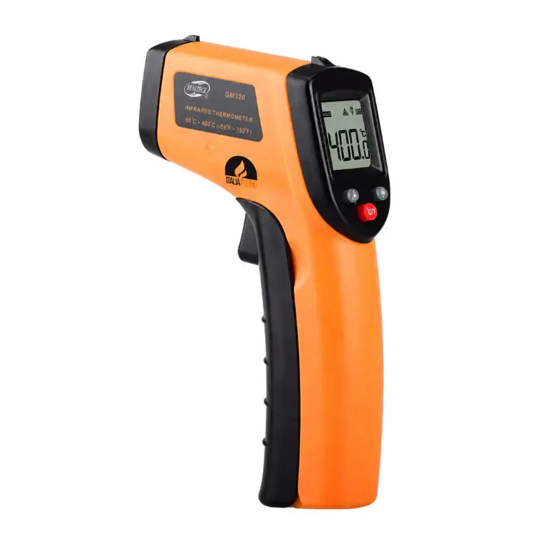 ItaliaForno infrared laser thermometer, orange and black pistol grip with backlit display reading 400 degrees C