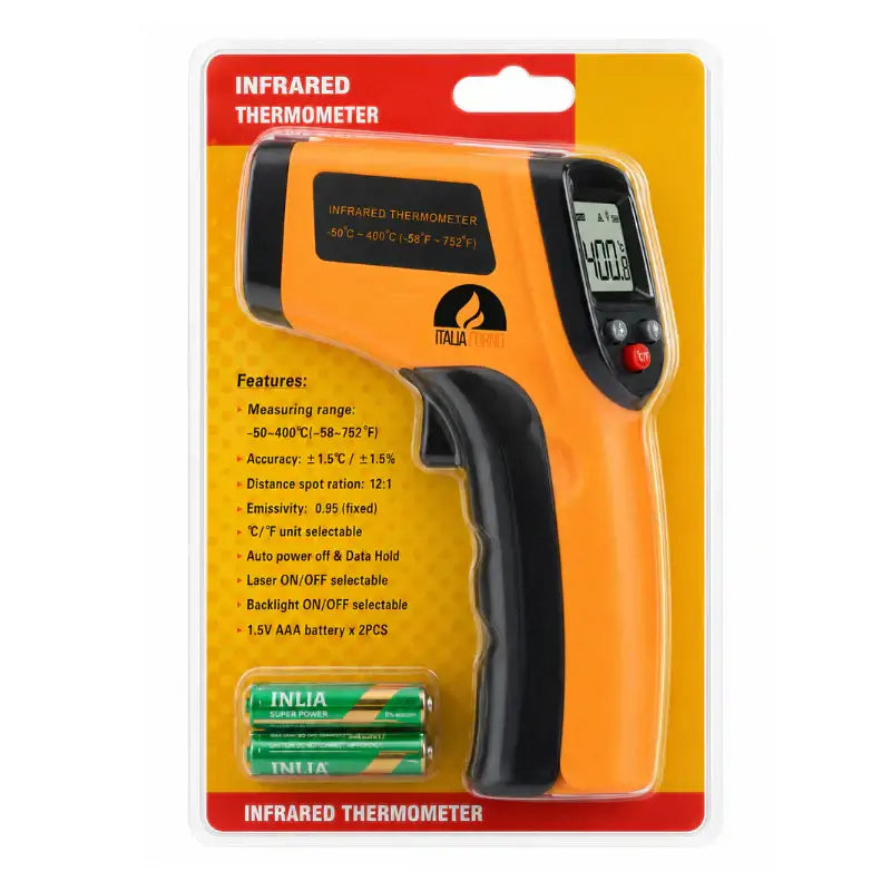 ItaliaForno infrared laser thermometer in its retail pack with the feature list and two AAA batteries