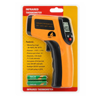 ItaliaForno infrared laser thermometer in its retail pack with the feature list and two AAA batteries