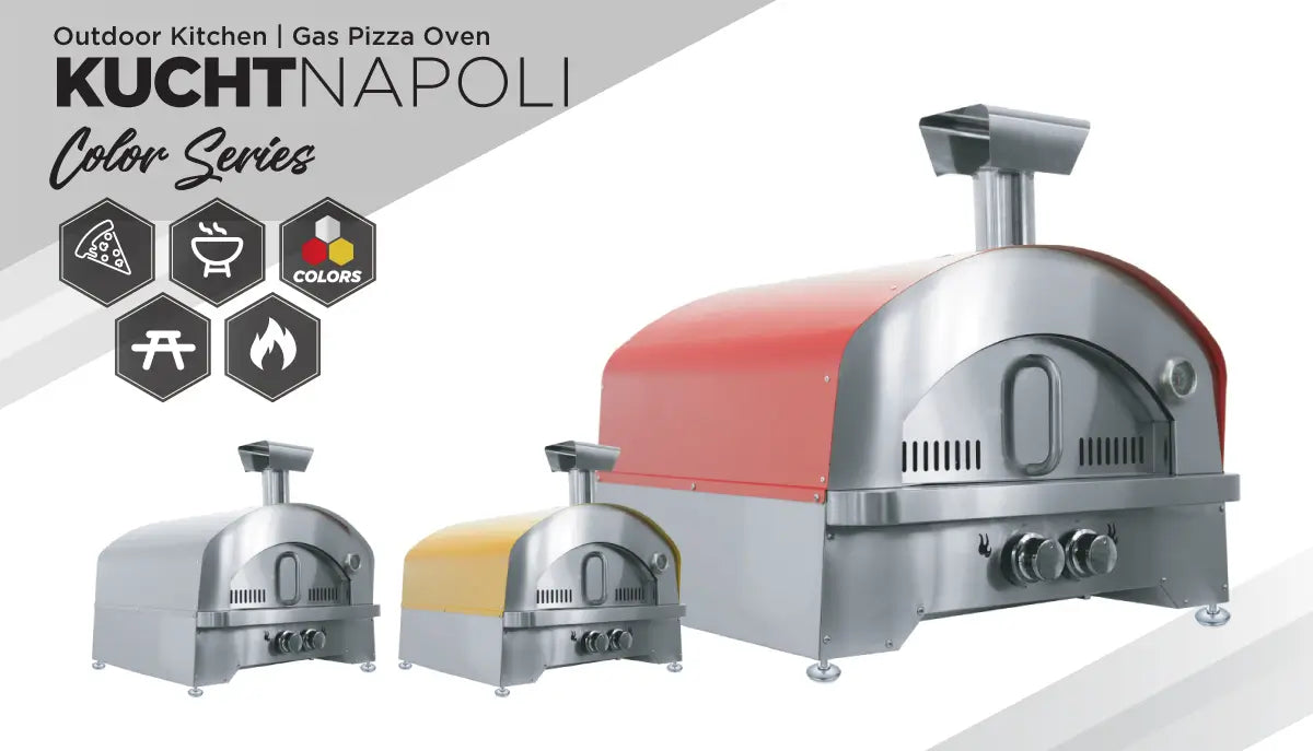 Kucht Napoli propane gas countertop pizza oven color series in red, yellow, and stainless steel with dual burner controls and chimney