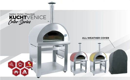 Kucht Venice wood fired pizza oven color series on its stainless cart in stainless, red and yellow, with the included all weather cover