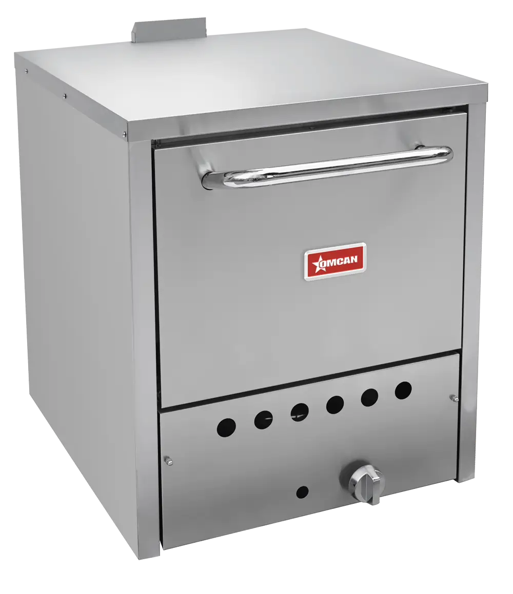 Omcan 48080 19.5 inch natural gas commercial countertop pizza oven, stainless steel, door closed