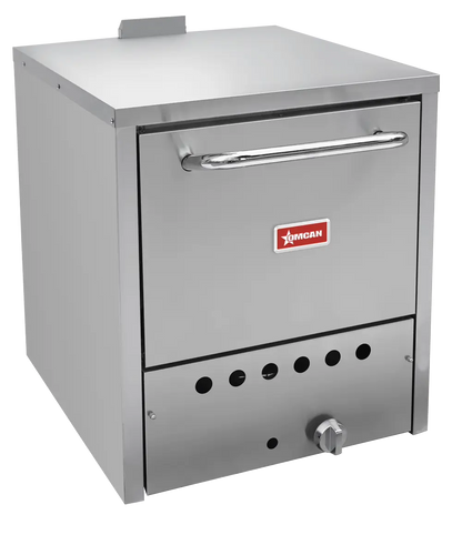 Omcan 48080 19.5 inch natural gas commercial countertop pizza oven, stainless steel, door closed