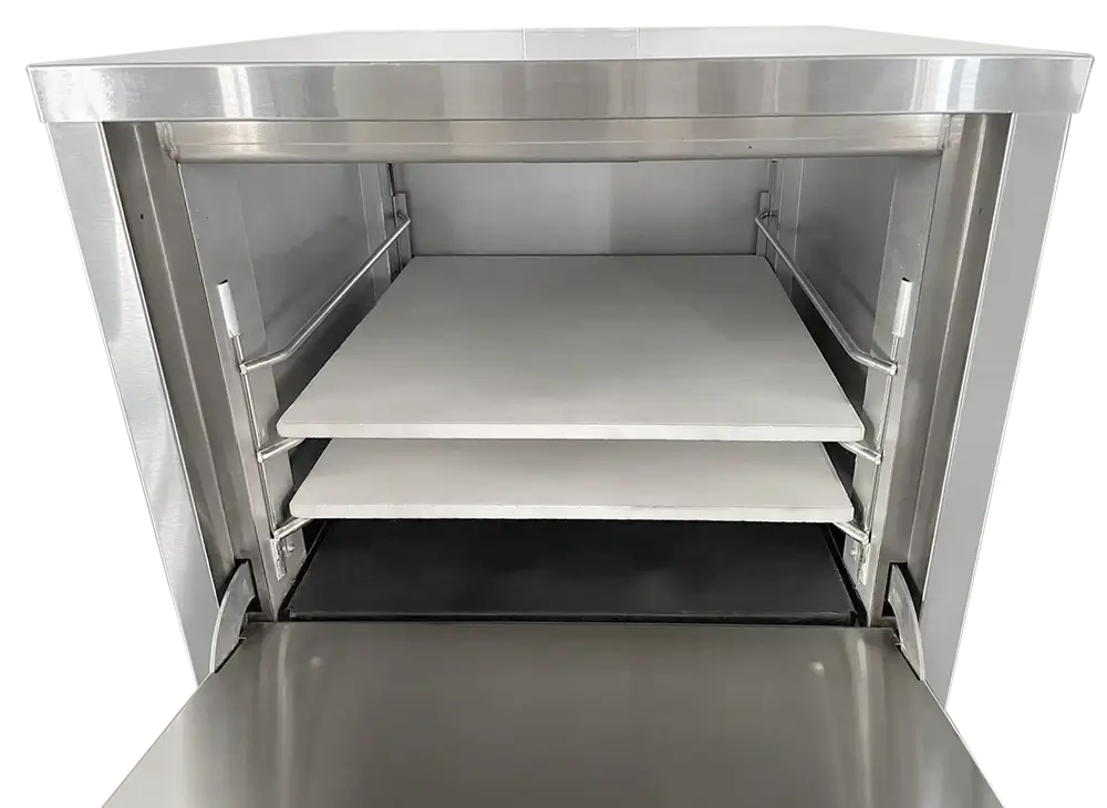 Omcan 48080 countertop pizza oven with the door open showing two ceramic baking stones on two rack levels