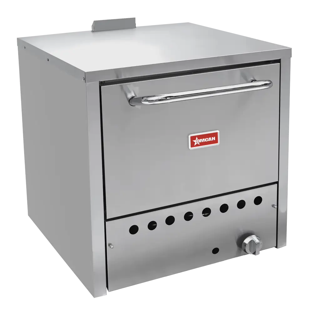 Omcan 48081 26.5 inch natural gas commercial countertop pizza oven, stainless steel, door closed