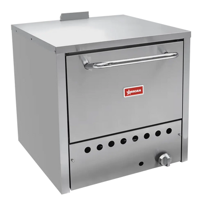 Omcan 48081 26.5 inch natural gas commercial countertop pizza oven, stainless steel, door closed