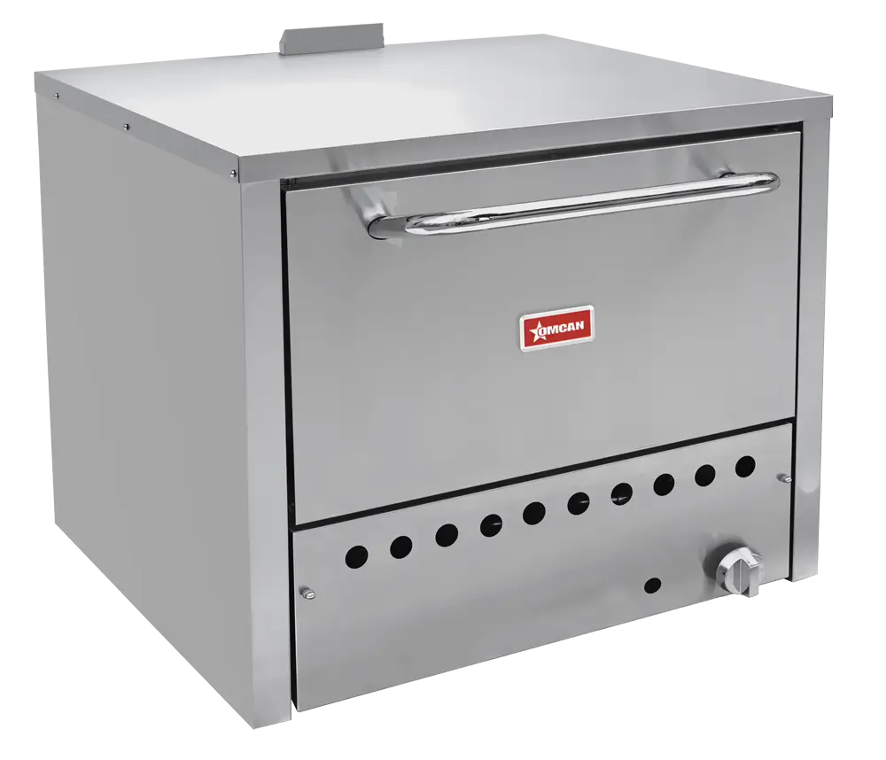 Omcan 48082 31.5 inch natural gas commercial countertop pizza oven, stainless steel, door closed