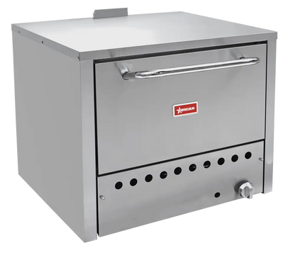Omcan 48082 31.5 inch natural gas commercial countertop pizza oven, stainless steel, door closed