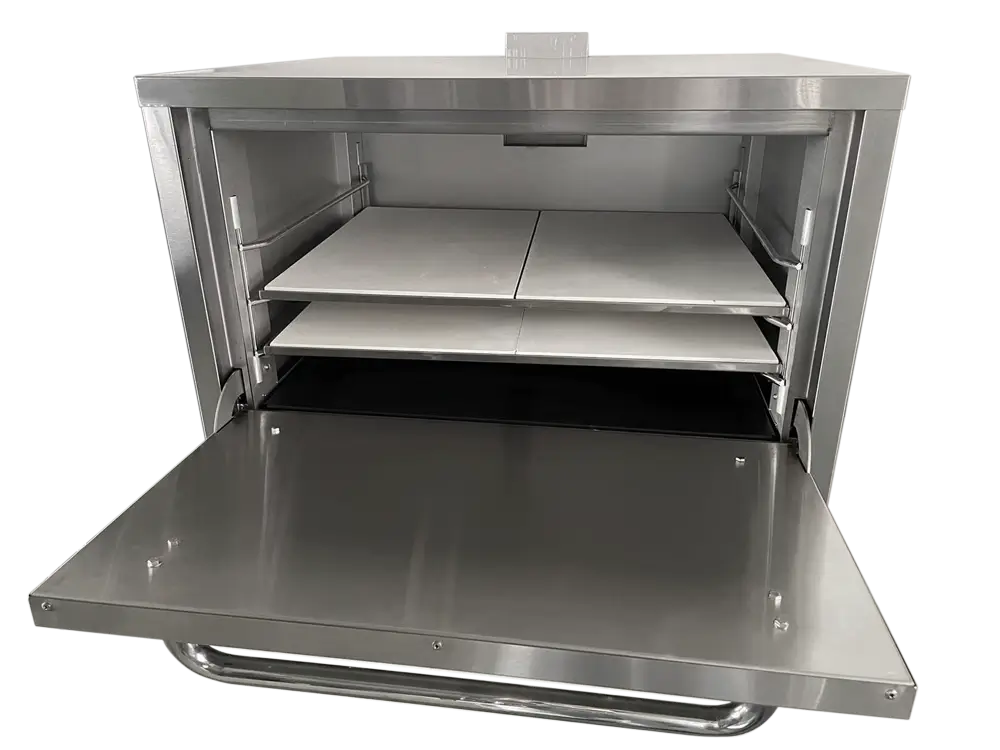 Omcan 48082 countertop pizza oven with the door open showing four ceramic baking stones, two per rack level