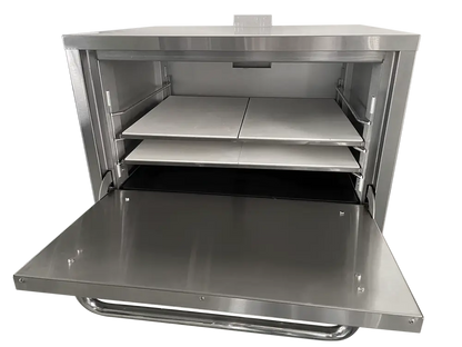 Omcan 48081 and 48082 countertop pizza oven with the door open showing four ceramic baking stones, two per rack level
